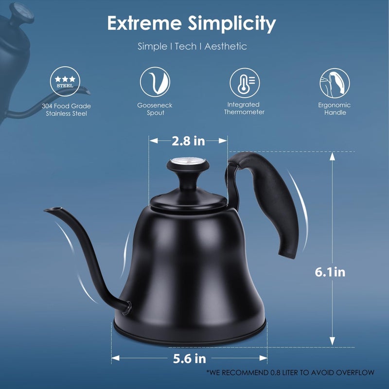 Chefbar Tea Kettle with Thermometer Stovetop Gooseneck Kettle 28oz 0.8L Pour Over Coffee Pot, Matte Black Camping Home Kitchen Water Boiler, 1Pack - Image 5